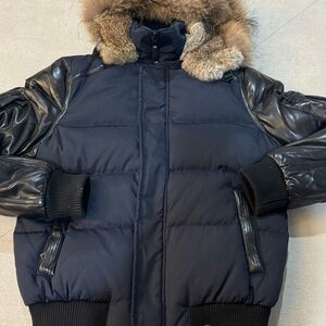 RUDSAK Navy and Black Bomber Jacket with real Fur Hood/  goose down